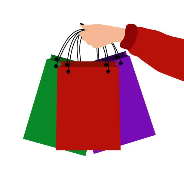 Vector illustration of Caucasian woman holding colorful shopping bags