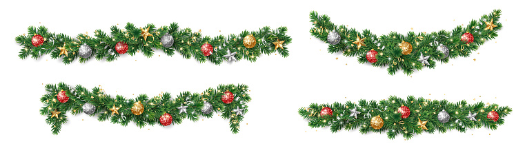 Christmas holiday decoration. Fir tree garland, divider. Gold and red glitter ornaments. Sparkling balls, stars and ribbons. For new year banners, headers, cards, party posters. Vector.