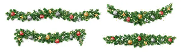 Vector illustration of Christmas holiday decoration. Fir tree garland, divider. Gold and red glitter ornaments. Sparkling balls, stars and ribbons.