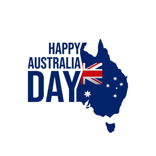 Vector illustration of Happy Australia day vector typography illustration with an Australia map silhouette. Australia Day greeting card, poster, banner, template, postcard deign. 26 January Australia day Typographic Design.