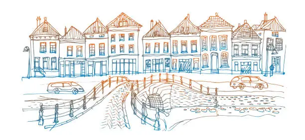 Vector illustration of Hand drawn Architectural sketch of fairy tale Dutch houses street and arch bridge panorama on a white background, coloring book page