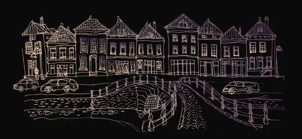 Vector illustration of Hand drawn Architectural sketch of fairy tale Dutch houses street and arch bridge panorama on a black background