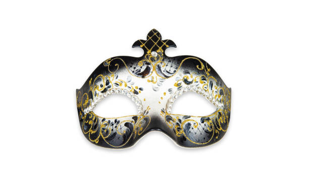 Máscaras y antifaz brillante de colores de carnaval sobre un fondo blanco  liso y aislado. Vista de frente y de cerca. Copy space Illustration Stock