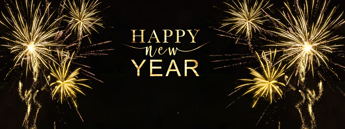 Sylvester, new year, new year's eve  202 background banner panorama long greeting card - Golden firework fireworks pyrotechnics on dark black night sky