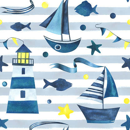 Sailing blue boats with a ribbon floating on the water with a lighthouse. Watercolor illustration hand drawn in a simple abstract childish style. Seamless pattern on a white striped background.