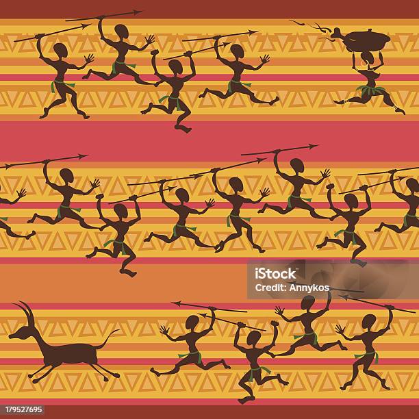 Comic Seamless Pattern Di Caccia Aborigines - Immagini vettoriali stock e altre immagini di Cultura africana - Cultura africana, Donne, Guerriero