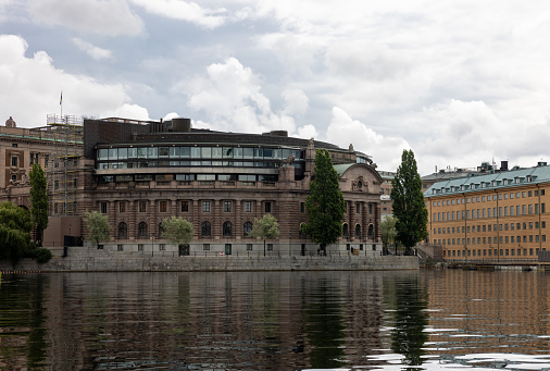 Stockholm, Sweden - July 25, 2023: Parliament of Sweden - governmental building at Helgeandsholmen island in Stockholm