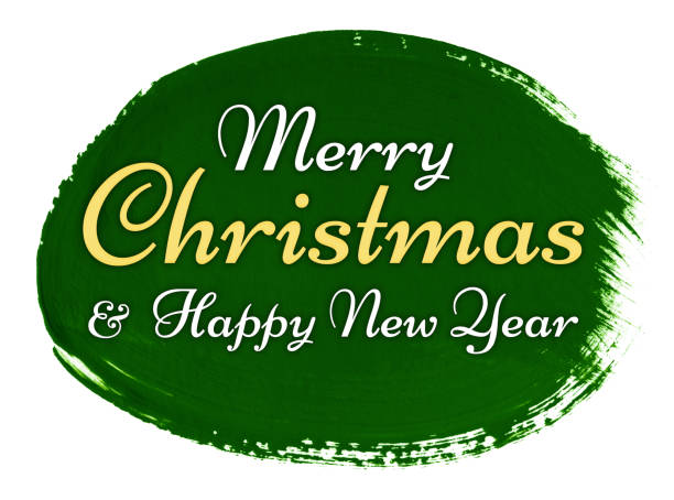 Merry Christmas and Happy Yew Year lettering on a green painted spot. Isolated on a white background.