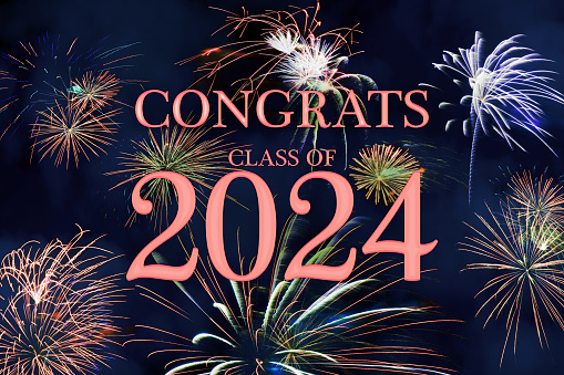 CONGRATS CLASS of 2024 lettering with beautiful fireworks on a night blue sky background. Can be used as a template for high school or college university graduate party, graduate invitations, card or banner.