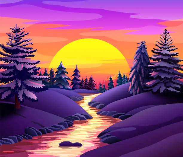 Vector illustration of Beautiful Winter Landscape with Trees and Sunset on the Horizon