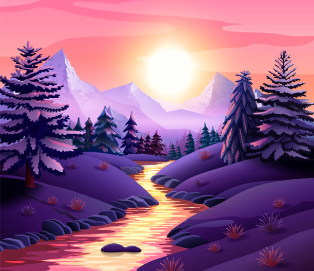 Beautiful Winter Landscape with Trees, Mountains and Sunset on the Horizon A stunning winter landscape adorned with majestic trees and snow-covered mountains, offering a breathtaking blend of natural beauty and tranquility. Bright saturated colors make the picture attractive and unusual. Vector illustration. sunset dew stock illustrations