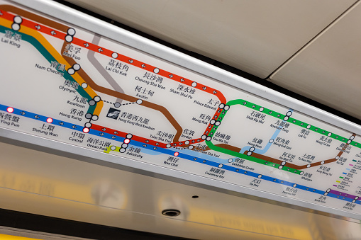 Hong Kong - November 15, 2023 : MTR system map inside the train in Hong Kong. MTR is a major public transport network serving Hong Kong.