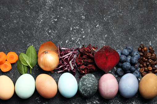 Painted Easter eggs with natural organic dyes (coffee beans, blueberries, beetroot, hibiscus, onion, spinach and carrot) on black table, flat lay. Space for text