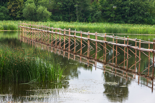 Wooden bridge meant for lamprey fishing on the river Salaca near Salacgriva, Latvia