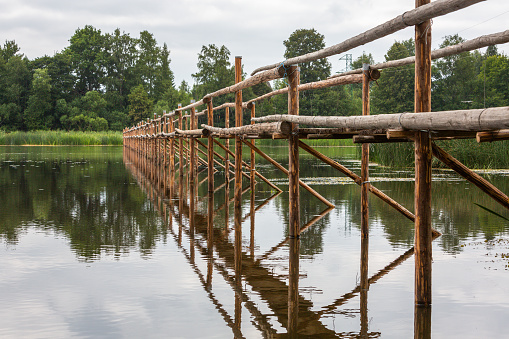 Wooden bridge meant for lamprey fishing on the river Salaca near Salacgriva, Latvia