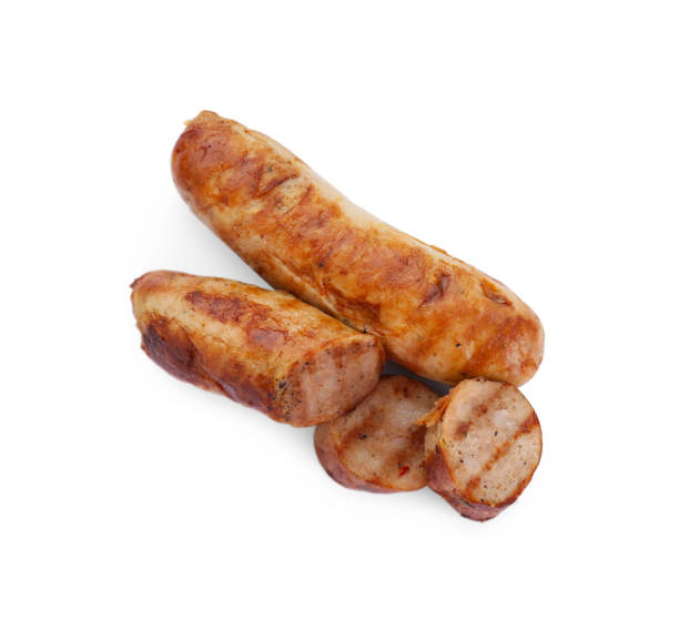 istock Tasty fresh grilled sausages isolated on white, top view 1795298340