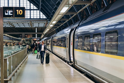 London, United Kingdom - September 25, 2023: A Eurostar train stands on a platform in London, ready to depart for Paris.