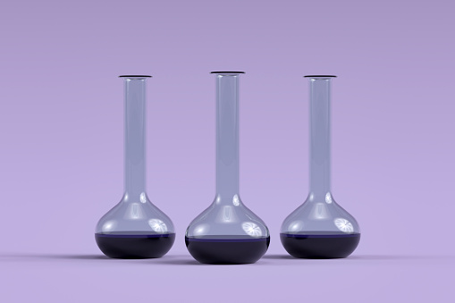 Laboratory equipment glass flask medical scientific chemical bottle. 3d render.