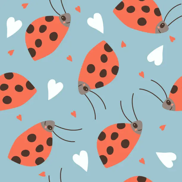 Vector illustration of Seamless repeat pattern with cute hand-drawn ladybugs. Vector hand drawn cartoon kawaii character illustration icon. Сhild seamless pattern concept.