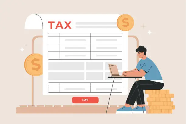 Vector illustration of Businessman filling tax form using internet. Online tax submitting system