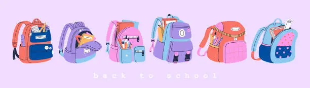 Vector illustration of Set of different school backpack and schoolbag.