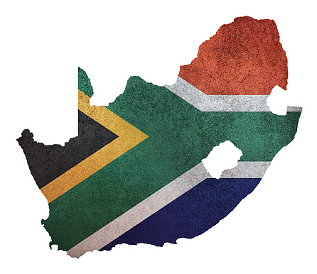 Cut-out map of South Africa overlaid with the colors of the South African flag. Edges are crisp, so easy to select with the magic wand tool.