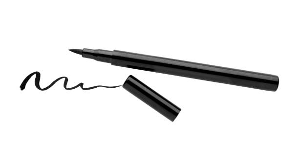 istock Eyeliner marker and stroke on white background, top view. Makeup product 1795339663