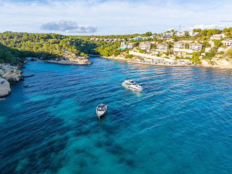 Photos taken from a Drone of the El Mago and Portals Vells Beach, on of the best beach in Majorca, Balearic Islands in Spain