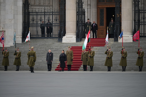 Danish Royal Guard is getting ready for the change in front of the Christian VII's Palace at Amalienborg in Copenhagen.