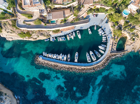 Photos taken from a Drone of the El Mago and Portals Vells Beach, on of the best beach in Majorca, Balearic Islands in Spain