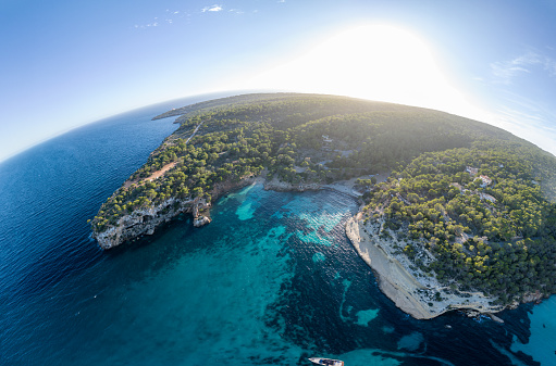 Photos taken from a Drone of the El Mago and Portals Vells Beach, on of the best beach in Majorca, Balearic Islands in Spain