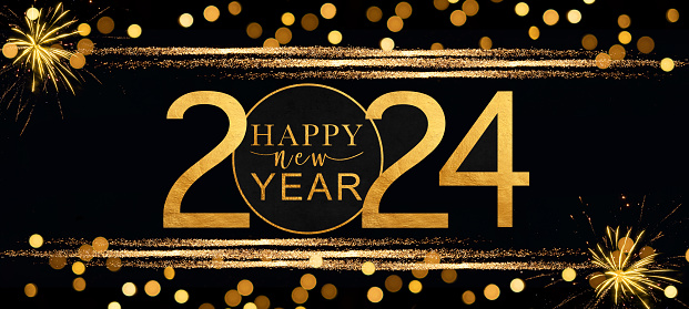 HAPPY NEW YEAR 2024 - Festive silvester New Year's Eve Party background greeting card with year and text  - Frame made of golden fireworks in the dark black night