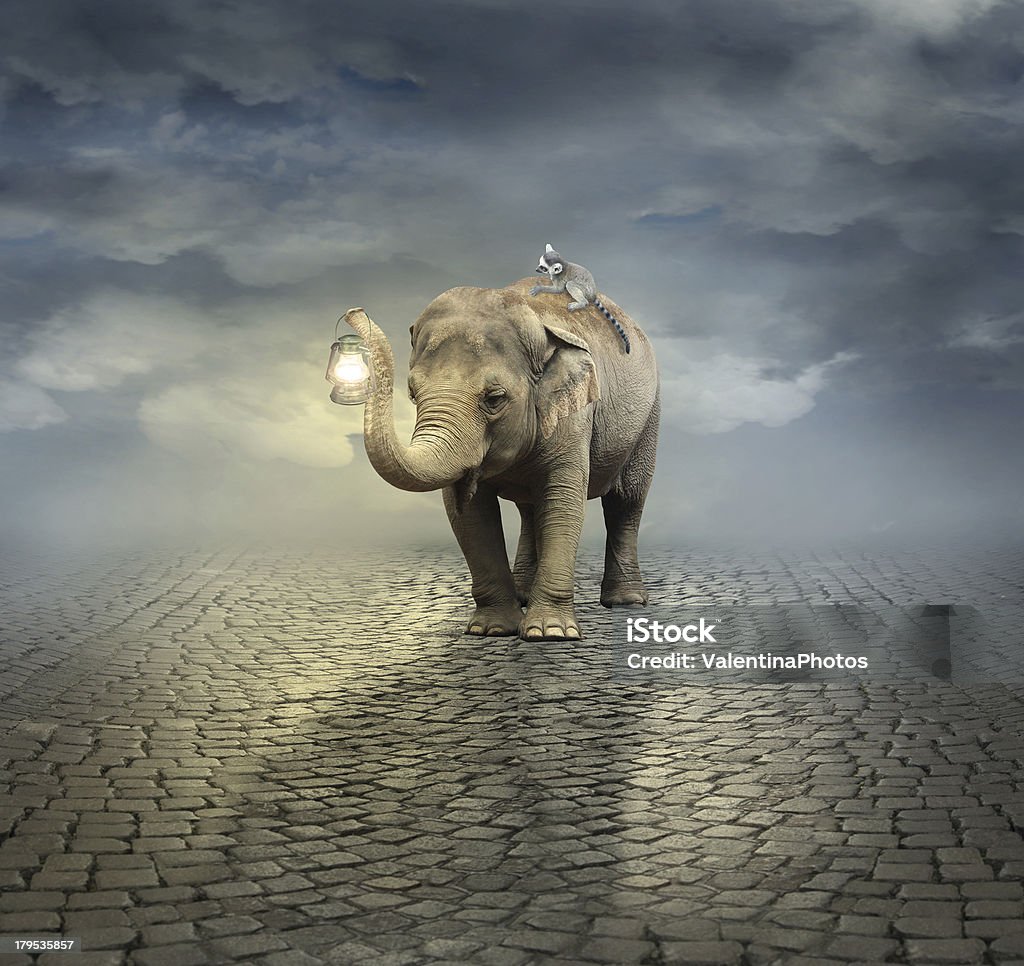 On the road Surreal artistic illustration with an elephant carrying a lemur on its back and a lantern with its trunk Elephant stock illustration