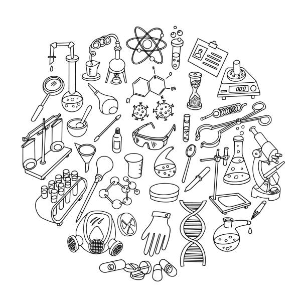 ilustrações de stock, clip art, desenhos animados e ícones de laboratory equipment doodle set, circle composition - laboratory glassware beaker flask glass