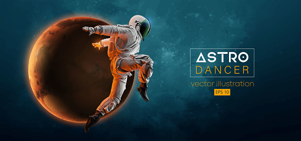 Abstract silhouette of a young hip-hop dancer, brake dancing man astronaut in space action and Earth, Mars, planets on the background of the space. Vector 3d render illustration
