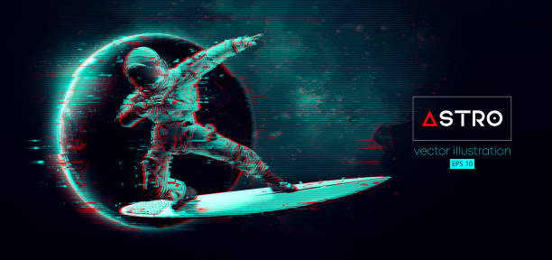 istock Abstract silhouette of a surfer, astronaut in space action and Earth, Mars, planets on the background of the space. Vector 3d render illustration 1795378656