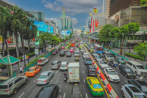 Bangkok, Thailand -7 October 2023  : traffic moves slowly along a busy road in city of Bangkok