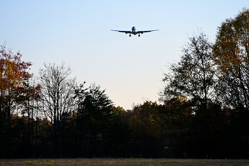 Chantilly, Virginia, USA - November 12, 2023: A KLM Airlines A330-203 flight originating in Amsterdam prepares to land on short final at Washington Dulles International Airport.