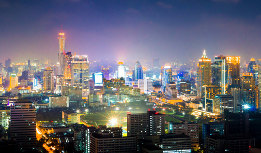 Panoramic view of urban landscape in Bangkok Thailand in twilight time at high rise building