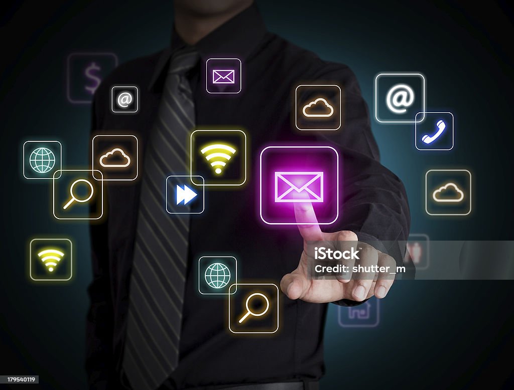 Social network icon Businessman touching social network icon Cloud - Sky Stock Photo