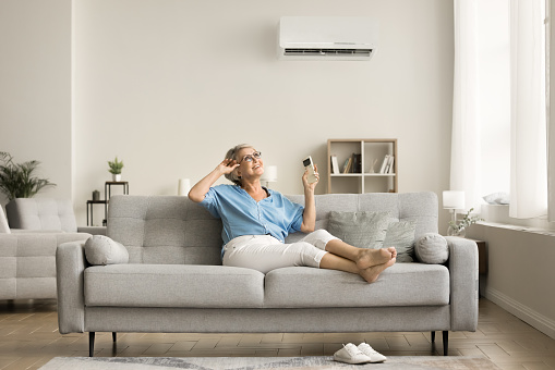Happy relaxed senior lady holding AC remote control, starting conditioning split system, cooling air, resting on soft stylish couch in modern home interior, enjoying comfortable climate in apartment
