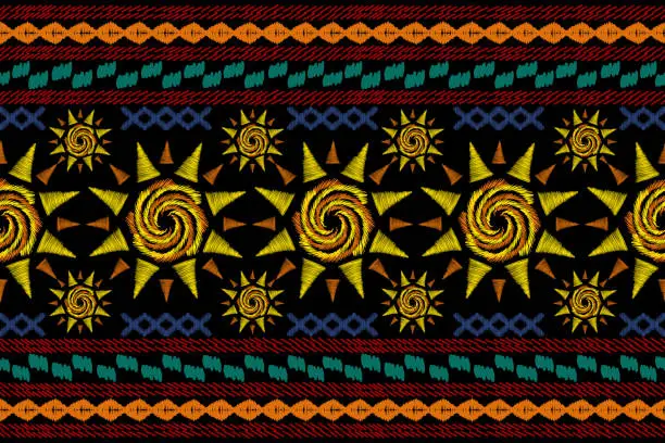 Vector illustration of Ethnic pattern Mayan Aztec tribal African Mexican style. Ikat embroidery seamless border. Hand drawn Vector illustration.