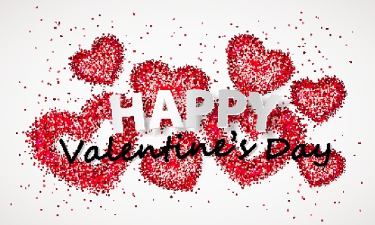 Poster, postcard, banner with heart of red confetti, sparkles, glitter and lettering Happy Valentines Day on white background. Vector illustration