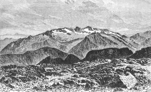 Maladeta. View from the top of Poset, old vintage illustration, 1898