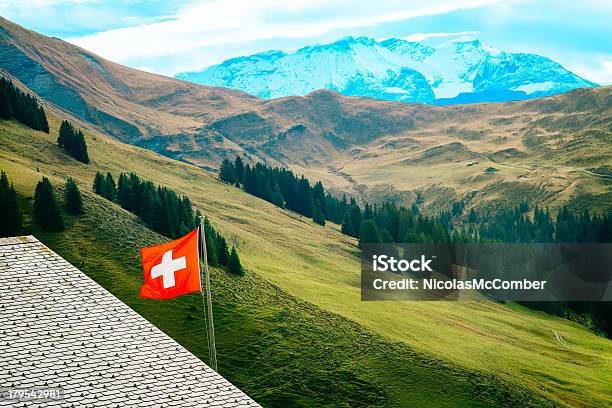 Paesaggio Di Montagna Con Bandiera Swiss - Fotografie stock e altre immagini di Bandiera della Svizzera - Bandiera della Svizzera, Colore verde, Agricoltura