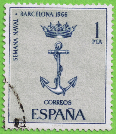 Spain. Circa 1966 - Used postage stamp and postmark. Spain Mail. Barcelona Naval Memorial Week 1966 - Used postage stamp and postmarked. Correos de España.  Commemorative Naval Week Barcelona 1966. Face value 1 peseta