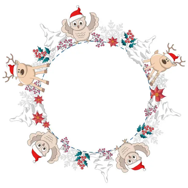 Vector illustration of Round frame of deer, owls, snow-covered fir trees and red berries.