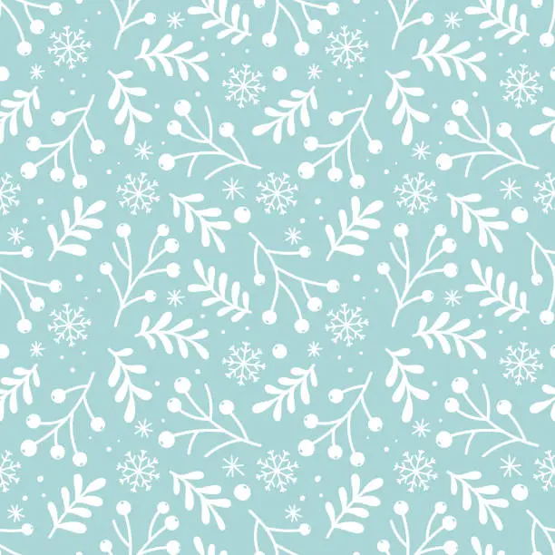 Vector illustration of Christmas seamless pattern with berries, snowflakes, leaves and branches on a light turquoise background.