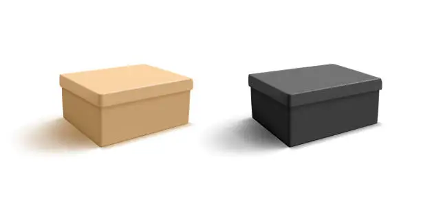 Vector illustration of Set of 3D boxes for shoes and other goods. Realistic illustration of closed boxes for branding and selling products. Black and brown packaging.