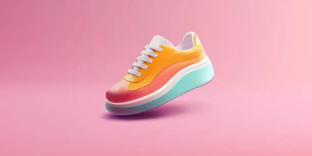 Vector illustration of Modern colored sneaker 3d. Realistic sneaker image for design, walking, shopping, and selling shoes. Image on a pink background.